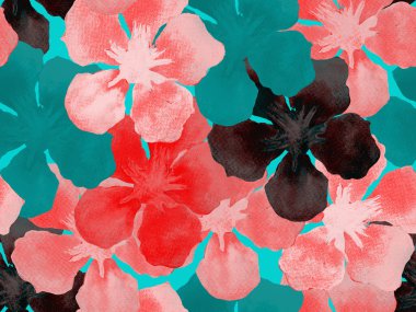 Hawaii suluboya deseni. Pembe kırmızı tropikal desensiz çiçek deseni. Hibiscus ve zakkum Hawaii 'de. Aloha mayo tasarımı. Egzotik buket moda illüstrasyonu. Suluboya yatay fayans.