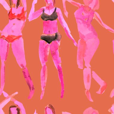 Yaz plajı deseni. Mayolu insanlar kuyrukta bekliyor. Kırmızı pembe renkli kız baskısı. Tropik Hawai suluboyası, pürüzsüz fayans. Bikini Miami kızları güneşlendiriyor. Bikinili kadınlar.