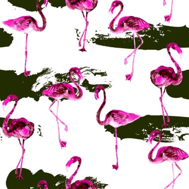Flamingo deseni. Tropik yaz yeşili pembe iz. Kuşlarla dolu egzotik bahar tekstil arka planı. Moda Hawai Ormanı tekrar eden pürüzsüz fayanslar. Çizgili botanik mayo tasarımı. Miami Vahşi Hayatı.