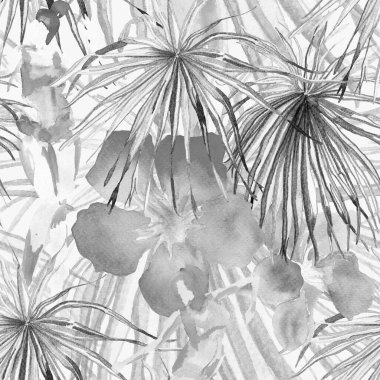 Yaz plajı deseni. Mayo giymiş insanlar egzotik palmiye, yaprak ve çiçeklerin arasında duruyorlar. Siyah, beyaz ve gri iz. Tropik Hawai suluboyası, pürüzsüz fayans. Bikini Miami, güneşlenen kızlar.. 