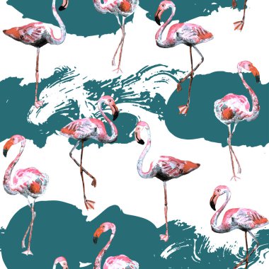 Flamingo deseni. Tropik yaz beyaz yeşil baskısı. Kuşlarla dolu egzotik bahar tekstil arka planı. Moda Hawai Ormanı tekrar eden pürüzsüz fayanslar. Çizgili botanik mayo tasarımı. Miami Vahşi Hayatı.