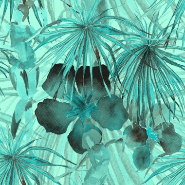 Yaz plajı deseni. Mayo giymiş insanlar egzotik palmiye, yaprak ve çiçeklerin arasında duruyorlar. Yeşil turkuaz parmak izi. Tropik Hawai suluboyası, pürüzsüz fayans. Bikini Miami, güneşlenen kızlar.. 