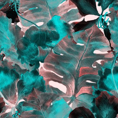 Tropikal desen. Suluboya egzotik çiçekler ve canavar yaprakları. Palm ve Hibiscus bitkileri kusursuz desende. Bahar Hawaii suluboya geçmişi. Tropik palmiyeler, canavarlar, çiçek desenleri..