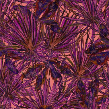 Tropikal desen. Suluboya egzotik çiçekler ve canavar yaprakları. Pürüzsüz siyah morumsu bitkiler. Yaz Hawaii suluboya geçmişi. Tropik palmiyeler, canavarlar, çiçek desenleri..