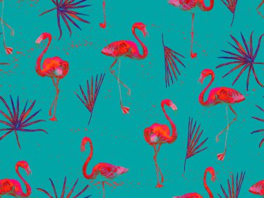 Büyük flamingo hippi kızıl Hawaii 'nin kusursuz deseni. İlkbahar suluboya tişört baskısı. Doymuş hippi mayo, tüylü kuşları olan fayanslar. Flamingolu yatay fayans.