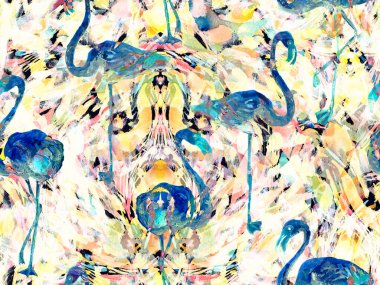 Boho flamingo soyut, kusursuz desen. Mavi çivit mavisi egzotik kuş dokusu. Suluboya bohem Fas baskısı. Mayo, soyut tropikal iç baskısı. Fırça darbesi arka plan