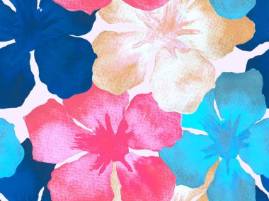 Hawaii suluboya deseni. Çivit mavisi, tropikal, dikişsiz iz. Hibiscus ve zakkum Hawaii 'de. Aloha mayo tasarımı. Egzotik buket moda illüstrasyonu. Suluboya yatay fayans.