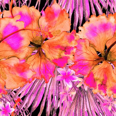 Tropikal desen. Suluboya egzotik çiçekler ve canavar yaprakları. Tertemiz beyaz kırmızı bitkiler. Yaz Hawaii suluboya geçmişi. Tropik palmiyeler, canavarlar, çiçek desenleri..