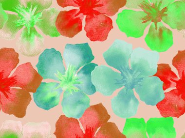 Hawaii suluboya deseni. Pembe kırmızı tropikal desensiz çiçek deseni. Hibiscus ve zakkum Hawaii 'de. Aloha mayo tasarımı. Egzotik buket moda illüstrasyonu. Suluboya yatay fayans.