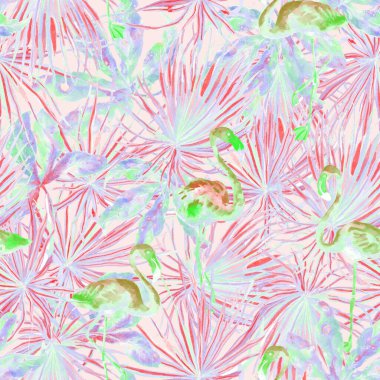 Flamingo deseni. Tropik yaz yeşili kırmızı iz. Kuşlarla dolu egzotik bahar tekstil arka planı. Moda Hawai Ormanı tekrar eden pürüzsüz fayanslar. Palm Botanik mayo tasarımı. Miami Vahşi Hayatı.