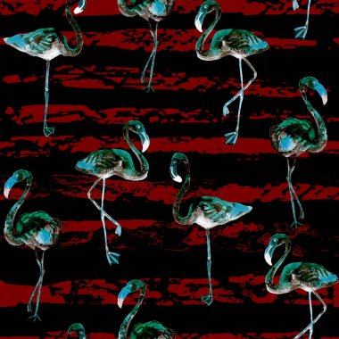 Flamingo deseni. Tropik yaz mavisi kırmızı iz. Kuşlarla dolu egzotik bahar tekstil arka planı. Moda Hawai Ormanı tekrar eden pürüzsüz fayanslar. Çizgili botanik mayo tasarımı. Miami Vahşi Hayatı.