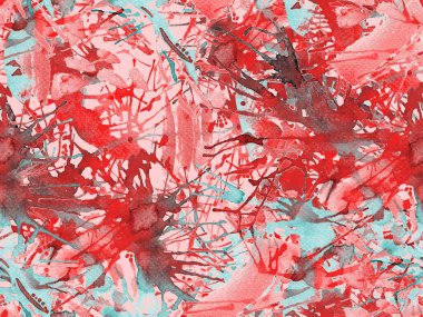 Tehlike izi yok. Kırmızı suluboya fırça darbesi grunge tasarımı. Suluboya kaotik sıçrama boya tasarımı. Kademeli mürekkep lekeleri. Çamur tabakası. Sıvı damlayan fırça sonsuz iz.