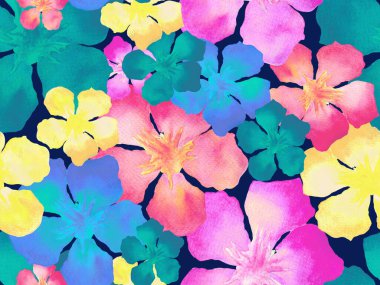 Hawaii suluboya deseni. Gökkuşağı çiçekli tropikal iz. Hibiscus ve zakkum Hawaii 'de. Aloha mayo tasarımı. Egzotik buket moda illüstrasyonu. Suluboya yatay fayans.