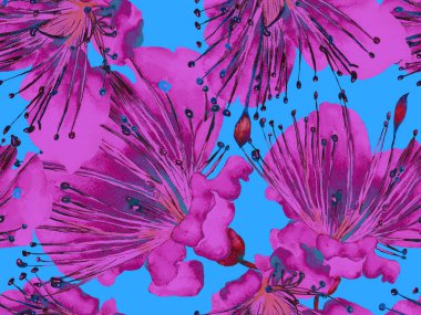 Cesur soyut çiçek deseni. Mor Arkaplanda Büyük Hawaii Kusursuz Parmak izi. Koca Orman Yaz Aquarelle Maracuya Sonsuz Arkaplan. Modern Kalın Soyut Çiçek Deseni.