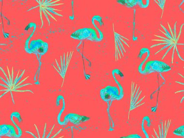 Büyük flamingo hippi kızıl Hawaii 'nin kusursuz deseni. Yaz tropikal kuşları sonsuz baskıyı suluboya. Yaban kuşlarıyla minimalist geometrik mayo arka planı. Suluboya yatay fayans.