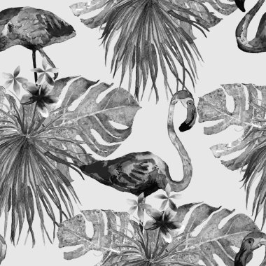 Flamingo deseni. Tropik yaz siyah beyaz baskısı. Kuşlarla dolu egzotik bahar tekstil arka planı. Moda Hawai Ormanı tekrar eden pürüzsüz fayanslar. Palm Botanik mayo tasarımı. Miami Vahşi Hayatı.