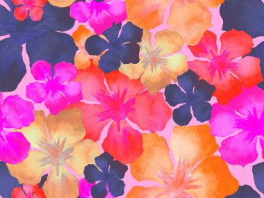 Hawaii suluboya deseni. Pembe kırmızı tropikal desensiz çiçek deseni. Hibiscus ve zakkum Hawaii 'de. Aloha mayo tasarımı. Egzotik buket moda illüstrasyonu. Suluboya yatay fayans.