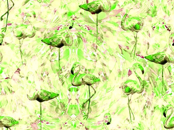 Boho Flamingo Abstract Naadloos Patroon Gele Groene Exotische Vogel Textuur — Stockfoto