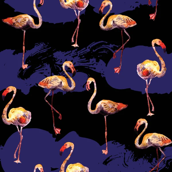 Flamingo deseni. Tropik yaz mavisi kırmızı iz. Kuşlarla dolu egzotik bahar tekstil arka planı. Moda Hawai Ormanı tekrar eden pürüzsüz fayanslar. Çizgili botanik mayo tasarımı. Miami Vahşi Hayatı.