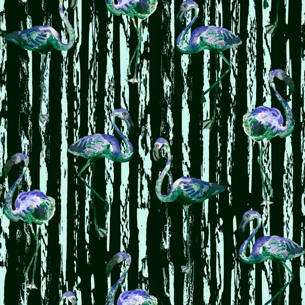 Flamingo pattern. Tropical summer blue black print. Exotic spring textile background with birds. Fashion hawaiian jungle repeated seamless tile. Striped botanical swimwear design. Miami wildlife.