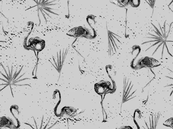 Grote Flamingo Zwart Wit Hawaiiaans Naadloos Patroon Voorjaar Verzadigde Aquarel — Stockfoto