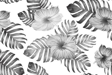 Siyah beyaz egzotik desen. Canavar yaprakları ve amber çiçekleri yaz baskısı. Doymuş büyük çiçekli mayo izi. Yatay romantik vahşi vektör egzotik fayans. Güzel bahar botanik tasarımı.