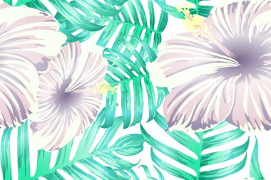 Cyan egzotik deseni. Canavar ve amber çiçekleri tropik buket. Hawaii tişörtü ve mayo fayansı. Yatay romantik vahşi vektör egzotik fayans. Güzel bahar botanik tasarımı.