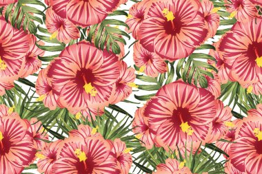 Yeşil kırmızı egzotik desen. Canavar yaprakları ve amber çiçekleri yaz baskısı. Hawaii tişörtü ve mayo fayansı. Yatay romantik vahşi vektör egzotik fayans. Aşırı doğal botanik tasarımı.