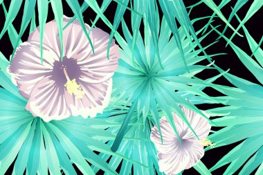 Cyan egzotik deseni. Canavar ve amber çiçekleri tropik buket. Hawaii tişörtü ve mayo fayansı. Yatay Kaliforniya doğal doku tasarımı. Aşırı doğal botanik tasarımı.