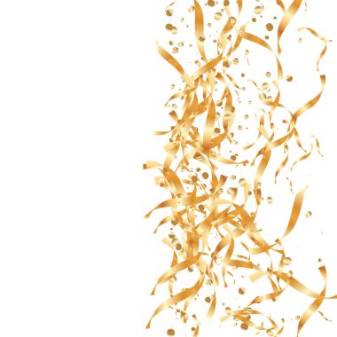  Altın konfetileri, kurdeleler. Parıldıyor. Bokeh geçmişi. Soyut altın yıldönümü davetiye şablonu. Düğün konsepti kartı. Uçan soyut parçacıklar. Patlama kutlama kartı.