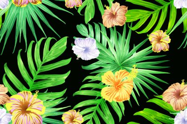 Yeşil sarı egzotik desen. Canavar yaprakları ve amber çiçekleri yaz baskısı. Hawaii tişörtü ve mayo fayansı. Yatay romantik vahşi vektör egzotik fayans. Güzel bahar botanik tasarımı.
