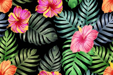 Yeşil kırmızı egzotik desen. Canavar ve amber çiçekleri tropik buket. Hawaii tişörtü ve mayo fayansı. Yatay romantik vahşi vektör egzotik fayans. Aşırı doğal botanik tasarımı.