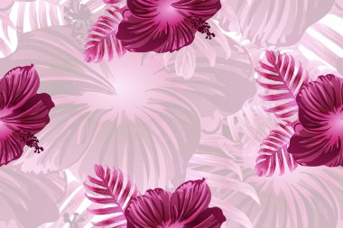 Tropikal desen. Kırmızı pembe egzotik yaz çiçeği vektör arkaplanı. Güzellik fasyonu canavarı, palmiye yaprakları ve amber çiçekleri. Hawaii tropik ormanı sonsuz iz. Doğal mayo tasarımı.