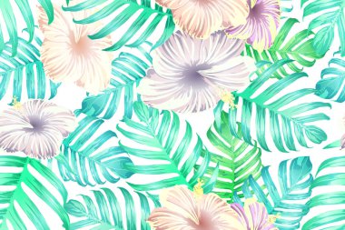 Cyan egzotik deseni. Yaz tatili baskısında canavar yaprakları ve amber çiçekleri. Hawaii tişörtü ve mayo fayansı. Yatay romantik vahşi vektör egzotik fayans. Güzel bahar botanik tasarımı.