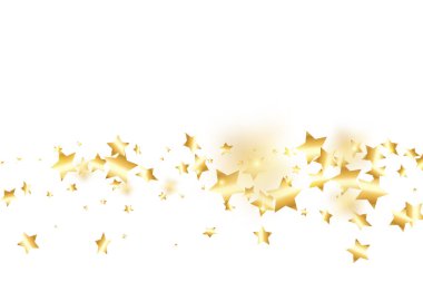 Beyaz arka planda altın yıldız konfetisi. Parlak, parlak bir duş. Tatil vektörü renkli konfeti. Parlak dekorasyon arka planı. Sürpriz kart şablonu