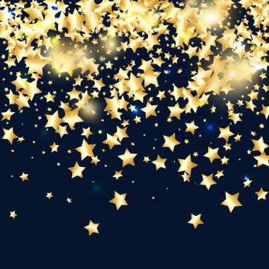 Siyah arka planda altın yıldız konfetisi. Parlak, parlak bir duş. Soyut vektör renkli konfeti. Parlak dekorasyon arka planı. Yeni yıl kartı şablonu