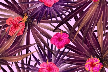 Pembe kırmızı egzotik desen. Canavar yaprakları ve amber çiçekleri yaz baskısı. Hawaii tişörtü ve mayo fayansı. Yatay Kaliforniya doğal doku tasarımı. Güzel bahar botanik tasarımı.