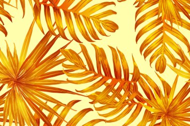 Turuncu sarı egzotik desen. Canavar ve amber çiçekleri tropik buket. Hawaii tişörtü ve mayo fayansı. Yatay romantik vahşi vektör egzotik fayans. Güzel bahar botanik tasarımı.