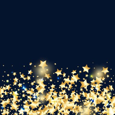 Siyah arka planda altın yıldız konfetisi. Minimalist düşmüş parçacık. Soyut vektör renkli konfeti. Doğum günü partisi arka planı. Yeni yıl kartı şablonu
