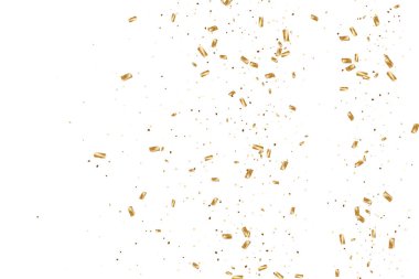  Altın konfetileri, kurdeleler. Parıldıyor. Bokeh geçmişi. Soyut altın yıldönümü davetiye şablonu. Düğün konsepti kartı. Uçan soyut parçacıklar. Patlama kutlama kartı.