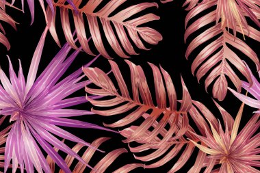 Pembe kırmızı egzotik desen. Canavar ve amber çiçekleri tropik buket. Hawaii tişörtü ve mayo fayansı. Yatay Kaliforniya doğal doku tasarımı. Güzel bahar botanik tasarımı.