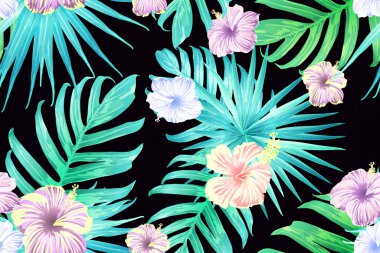 Cyan egzotik deseni. Yaz tatili baskısında canavar yaprakları ve amber çiçekleri. Doymuş büyük çiçekli mayo izi. Yatay romantik vahşi vektör egzotik fayans. Güzel bahar botanik tasarımı.