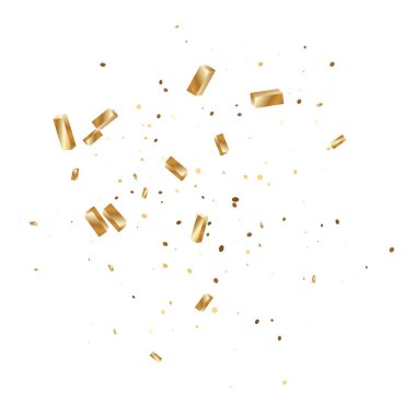  Altın konfetileri, kurdeleler. Parıldıyor. Bokeh geçmişi. Soyut altın yıldönümü davetiye şablonu. Düğün konsepti kartı. Uçan soyut parçacıklar. Patlama kutlama kartı.