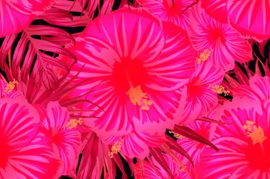 Pembe kırmızı egzotik desen. Canavar ve amber çiçekleri tropik buket. Hawaii tişörtü ve mayo fayansı. Yatay Kaliforniya doğal doku tasarımı. Aşırı doğal botanik tasarımı.