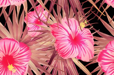 Pembe kırmızı egzotik desen. Canavar yaprakları ve amber çiçekleri yaz baskısı. Doymuş büyük çiçekli mayo izi. Yatay romantik vahşi vektör egzotik fayans. Aşırı doğal botanik tasarımı.