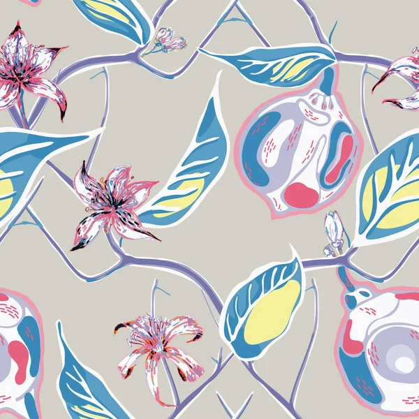 Lemon Seamless Pattern Moderne Hand Gezeichneten Hintergrund Botanische Illustration Blau — Stockvektor
