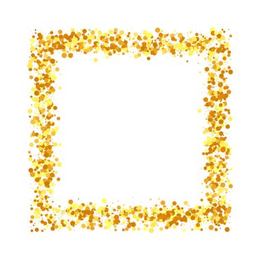 Vector Round Bokeh. Soyut Iridescent doğum günü kartı. Geometrik Yıldönümü Arkaplanı. Rastgele Gelin Arkaplanı. Folyo Sınırı. Beyaz Arkaplanda Altın Konfeti. İzole edilmiş Altın Toz Parçacıkları.