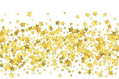 Yıldız konfetisi. Altın rengi rastgele konfeti arka planı. Parlak tasarım şablonu. Vektör beyaz ve sarı kaplama şablonu. Doğum günü veya düğün davetiyesi şablonu. Hediyeler için soyut kart. 2018 Yeni Yıl Selamlaması