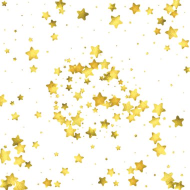 Yıldız konfetisi. Altın rengi rastgele konfeti arka planı. Parlak tasarım şablonu. Vektör beyaz ve sarı kaplama şablonu. Doğum günü veya düğün davetiyesi şablonu. Hediyeler için soyut kart. 2018 Yeni Yıl Selamlaması
