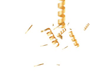  Altın konfetileri, kurdeleler. Parıldıyor. Bokeh geçmişi. Soyut altın yıldönümü davetiye şablonu. Düğün konsepti kartı. Uçan soyut parçacıklar. Patlama kutlama kartı.